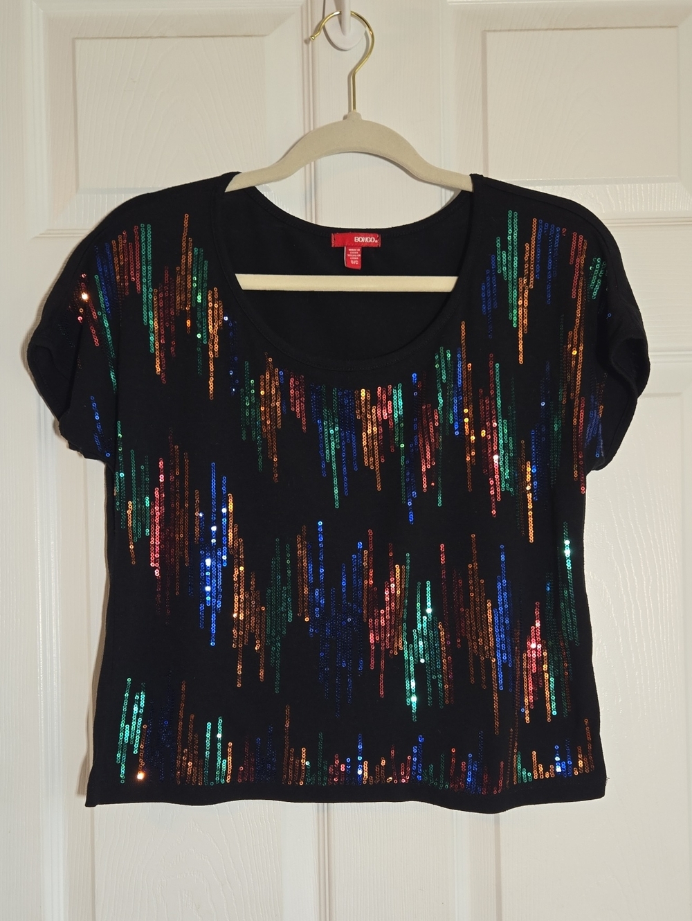 BONGO Black Short Sleeve Sequin Scoop Neck Top Size Small